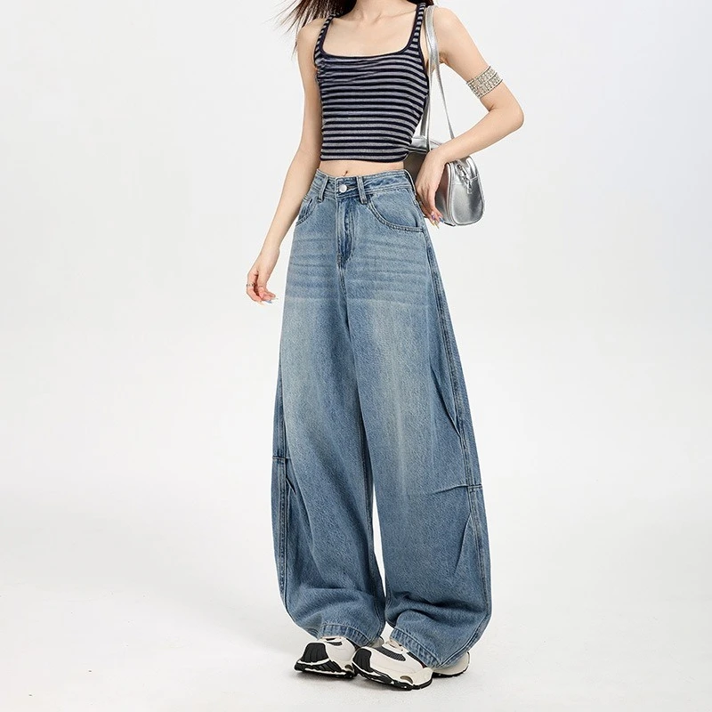 Nouveau jean à jambes larges à la mode et Simple pour femmes au printemps et en été, jean rétro américain décontracté respirant en forme de croissant