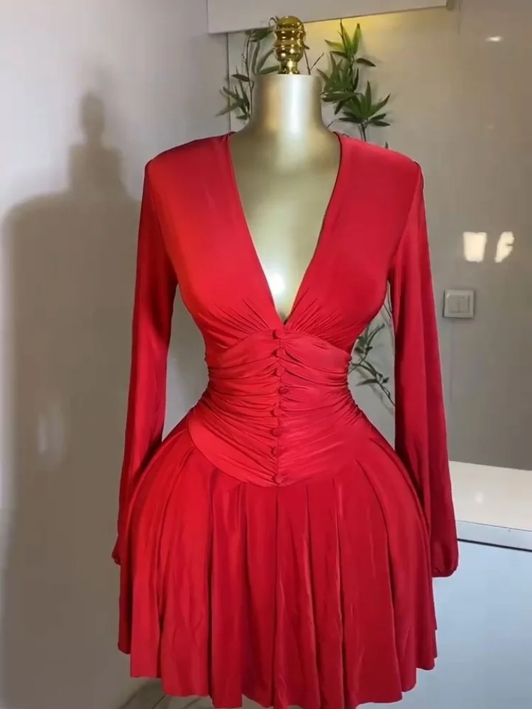 Wmstar ドレス女性卸売ソリッド女性のプリーツディープ V ネック長袖ドレスと新しいスタイルのスカート女性服