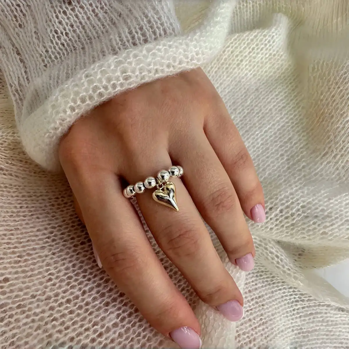 Vintage Handmade Beaded Elastic String Love Heart Pendant Rings for Women Girl Silver Color CCB Bead Adjustable Ring Jewelry