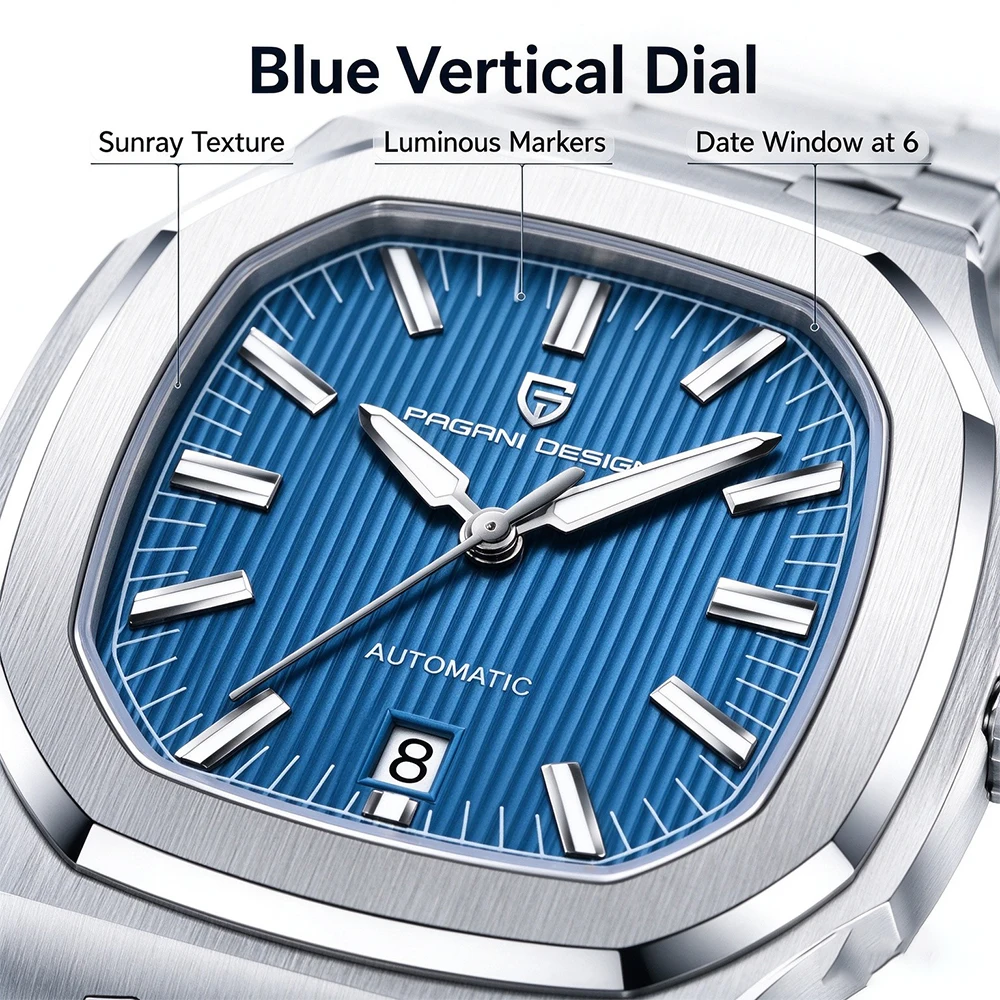 PAGANI DESIGN Automatic Watch for Men Luxury Silver Stainless Steel Square Case Date Display Waterproof Business Dress Watches