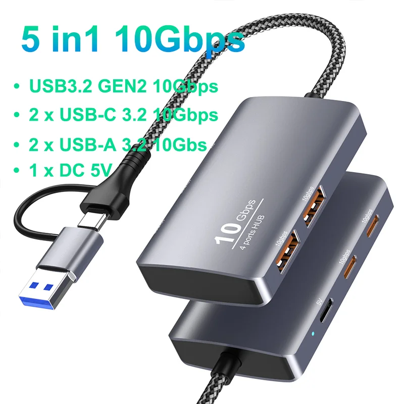 5/6 in 1 USB C/USB-A  Hub Dual joint USB3.2 Gen2 HUB 10Gbps Data DC Type-c Charging SD  TF for Macbook Laptop