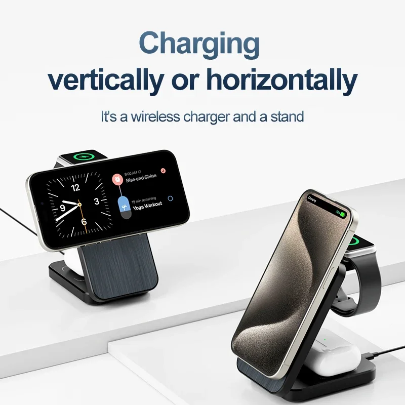 3 in 1 Magnetic Wireless Charger Pad Stand for iPhone 15 14 13 12 For Apple Watch 8 7 6 Airpods Foldable Fast Charging Station