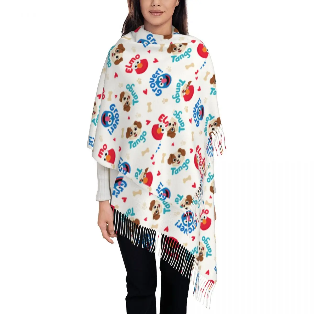 Cookie Monster Tango Elmo & Grover Pattern Scarf for Women Winter Warm Pashmina Shawl Wrap Long Large Shawl Scarf Ladies