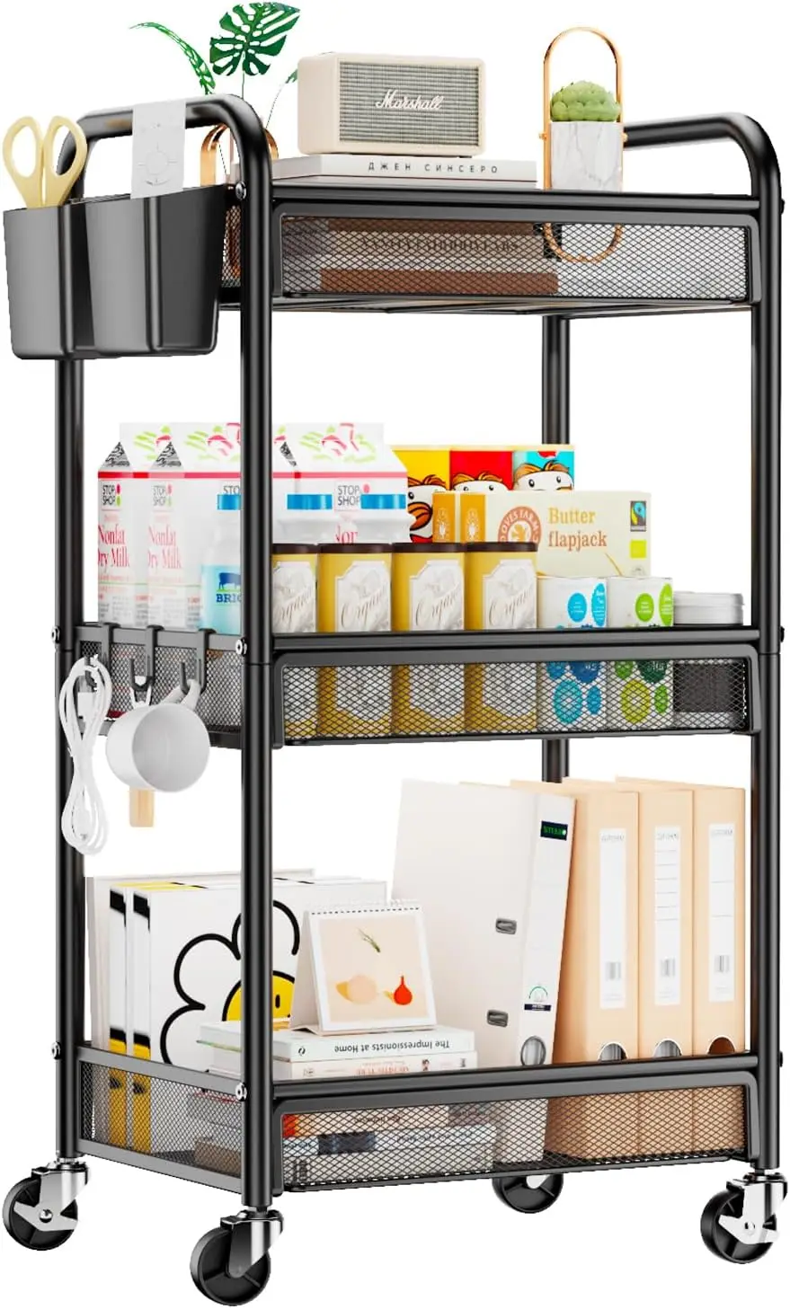 

3-Tier Rolling Cart with Wheels, Metal Utility Storage Organizer for Kitchen Office Bedside Art Crafts, Black