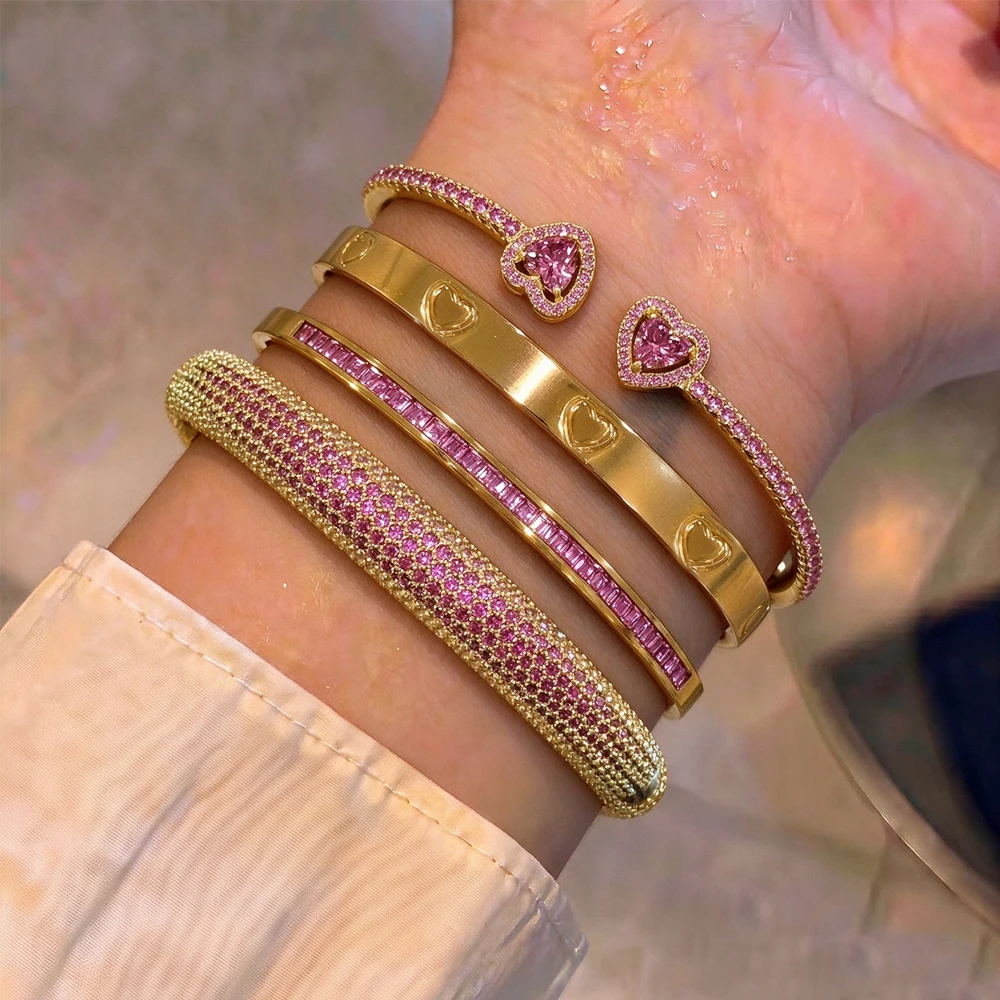Yupsk Gold Color Stainless Steel Copper Stackable Bracelets Set Dazzling Pink Black Zirconia Fashion Jewelry Gift for Women