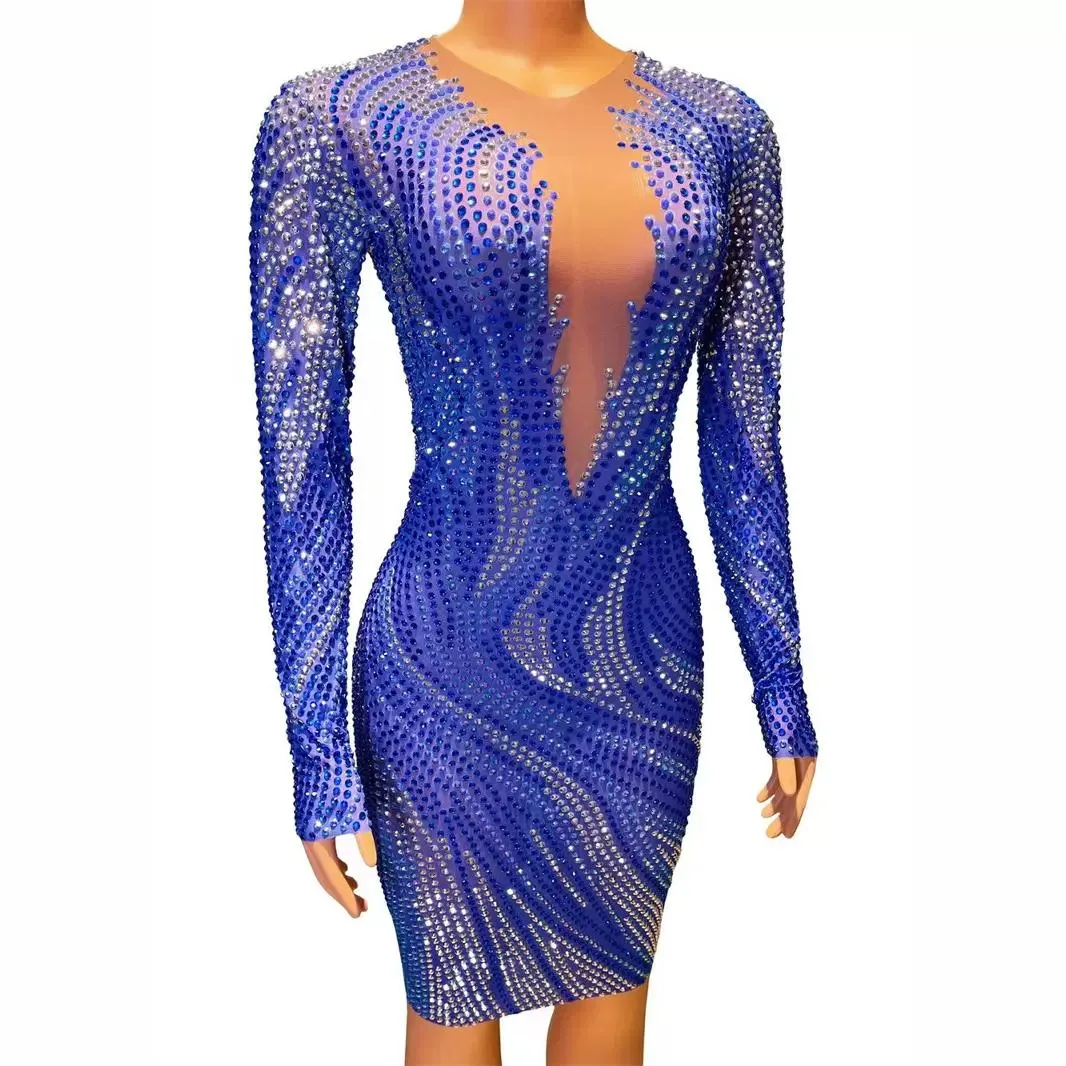 2025 Glamorous Diamond Hollow Birthday Party Stage Dress Women's Singer Fashion Mesh Slim Skirt Evening Gown Performance Outfit