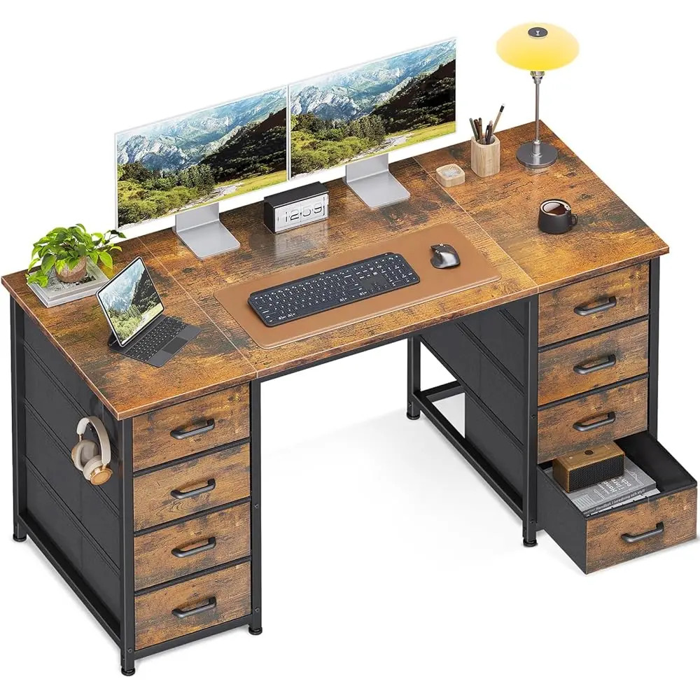 

48 H Computer Desk With 8 Fabric Drawers, Modern Office Desk With Large Storage For Home Office, Study, Gaming, Vintage