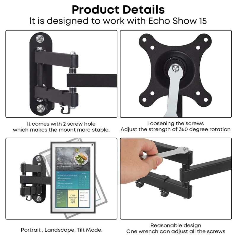 Imagem -02 - Suporte de Parede para Echo Show Suporte Preto Ajustável Giratório Horizontal ou Vertical Extensão 15