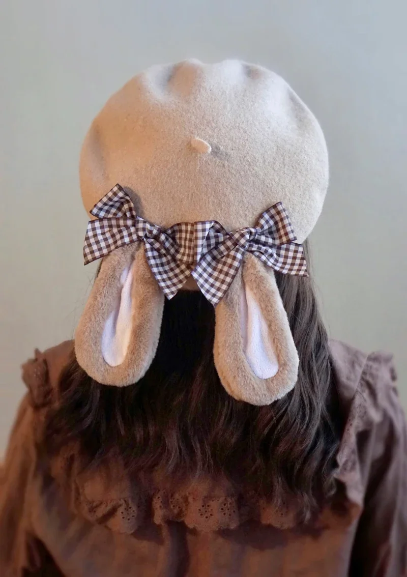 Lovely Bunny ear Beret Lolita Handmade Caps elegant Bow Autumn Winter Warm Berets Wool felt beanies woman's hat