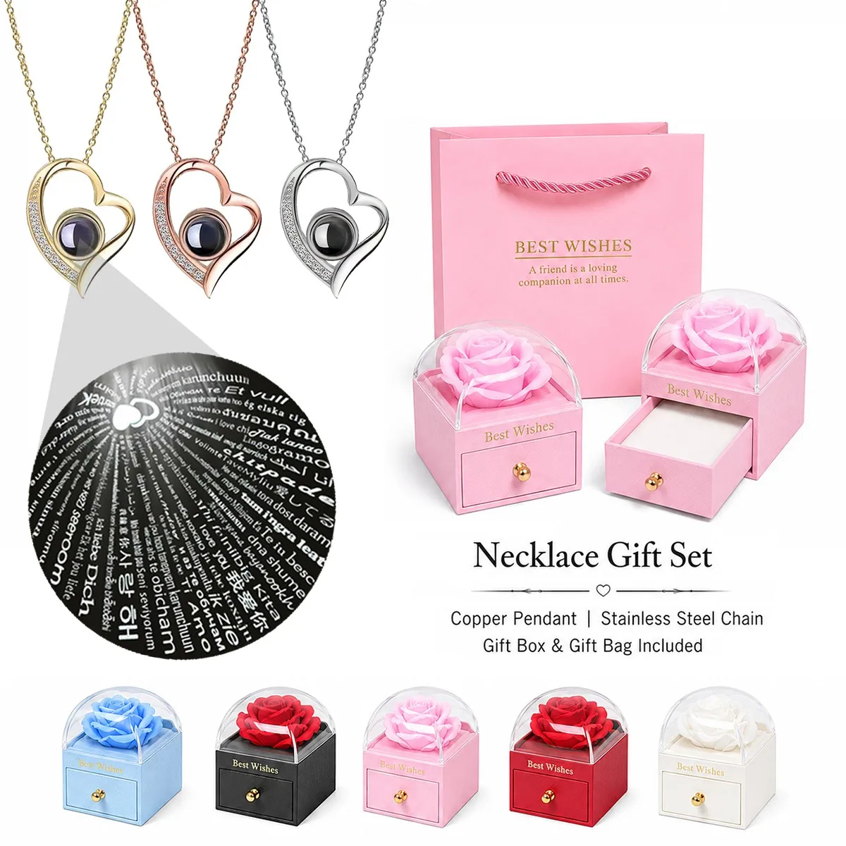 100 Languages Projection Heart Necklace Pendant With Rose Gift Box For Girlfriend Women Christmas Valentine Birthday Jewelry