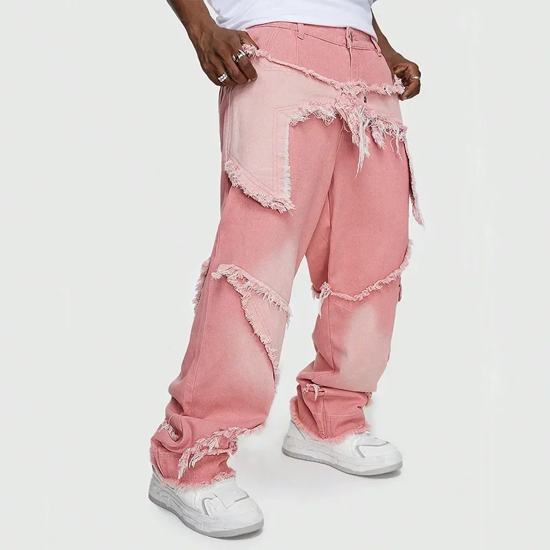 

Pop European And American Style Spliced Pink Hip-hop Workwear Wide-leg Tencel High-end Trendy Men's Jeans.