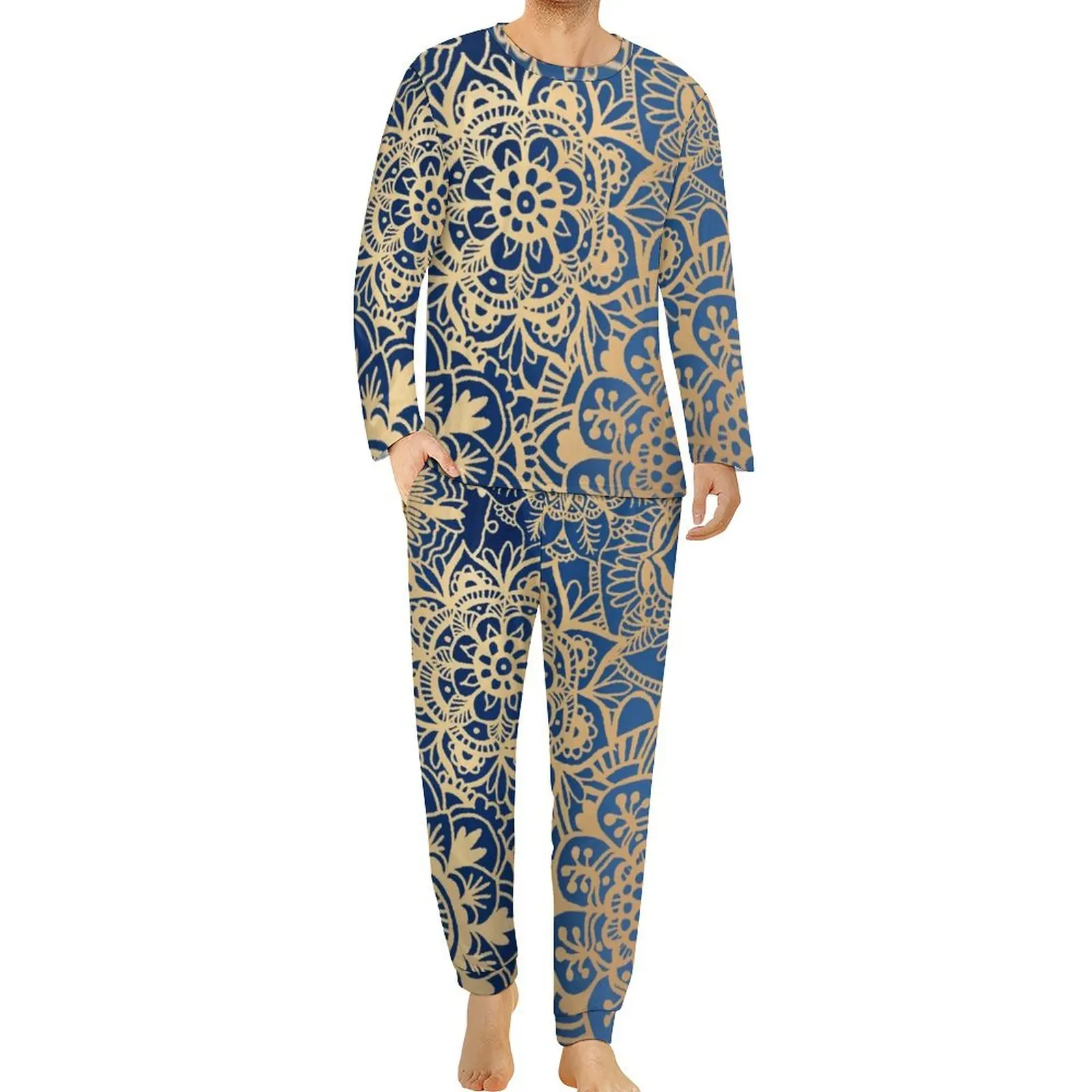 Retro Gold Mandala Pajamas Daily Trendy Bohemian Print Casual Sleepwear Mens Two Piece Long Sleeve Romantic Big Size Pajama Sets