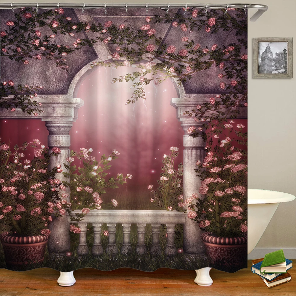 Waterproof Shower Curtain European style Arch Dreamy Flowers landscape 3D Printing Shower Curtain Polyester Home Decor Curtain