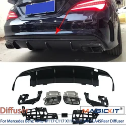 MagicKit For Mercedes Benz CLA W117 C117 X117 Rear Diffuser With Exhaust Tailpipes CLA260 CLA45 Rear Bumper Lip Gloss Black Car