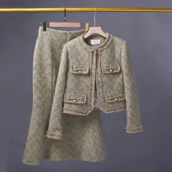 Autumn Winter High Quality Small Fragrant Wind Set 2023 New Jacket Coat+High Waist Elegant Mermaid Fishtail Skirt 2Pcs Set Suits