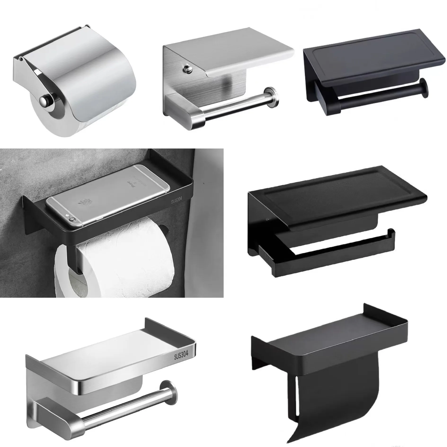 

304 Stainless Steel Toilet Paper Holder with Phone Shelf - Multifunctional Self-AdhesiveBathroom Tissue Dispenser
