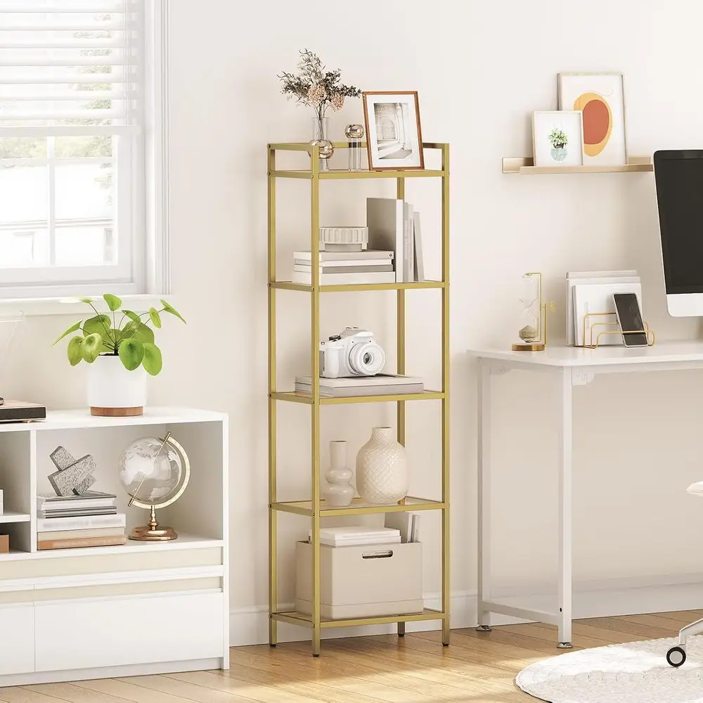 رف ذهبي من 5 طبقات، رف كتب ضيق، خزانة عرض مع خزانة كتب زجاجية، تخزين رف زاوية للمساحات الصغيرة، للمكتب المنزلي #5