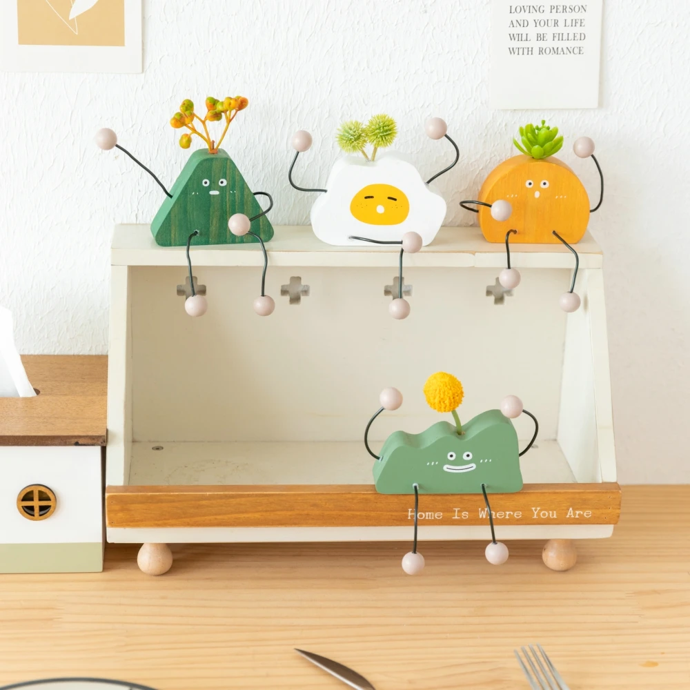 Creative Cute Cartoon Wooden Figure Figurines Desktop Shelf Small Ornament Home Room Office Shelf Corner Decor Birthday Gifts