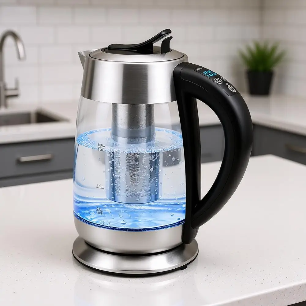 

Electric Glass Kettle Water Boiler 1.8 Liter BPA-free - 1500W with Stainless Steel, Set Temperature Control, Auto Shut Off, Port