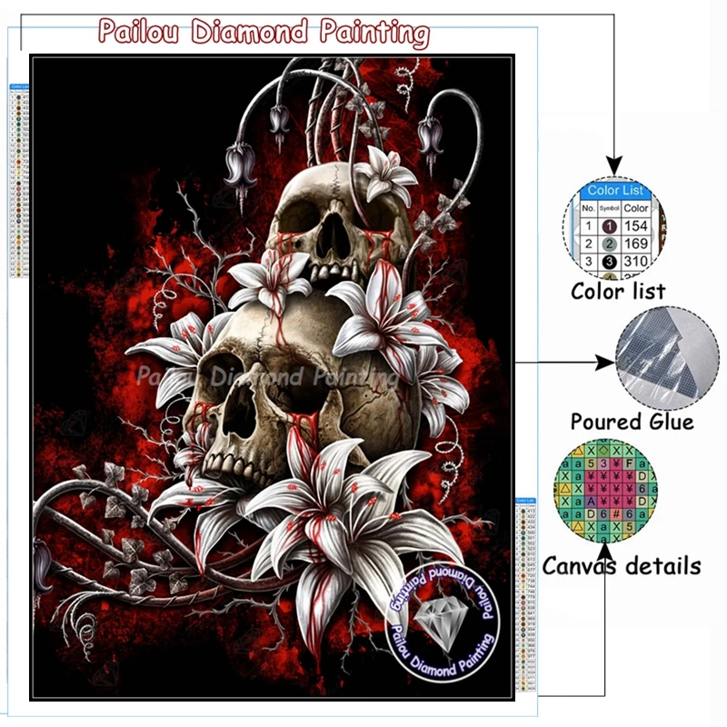 Halloween Flower Sugar Skull Diamond Painting Art Mexican Day Of The Dead Horror Death Skeleton Roses Crystal Cross Stitch Decor