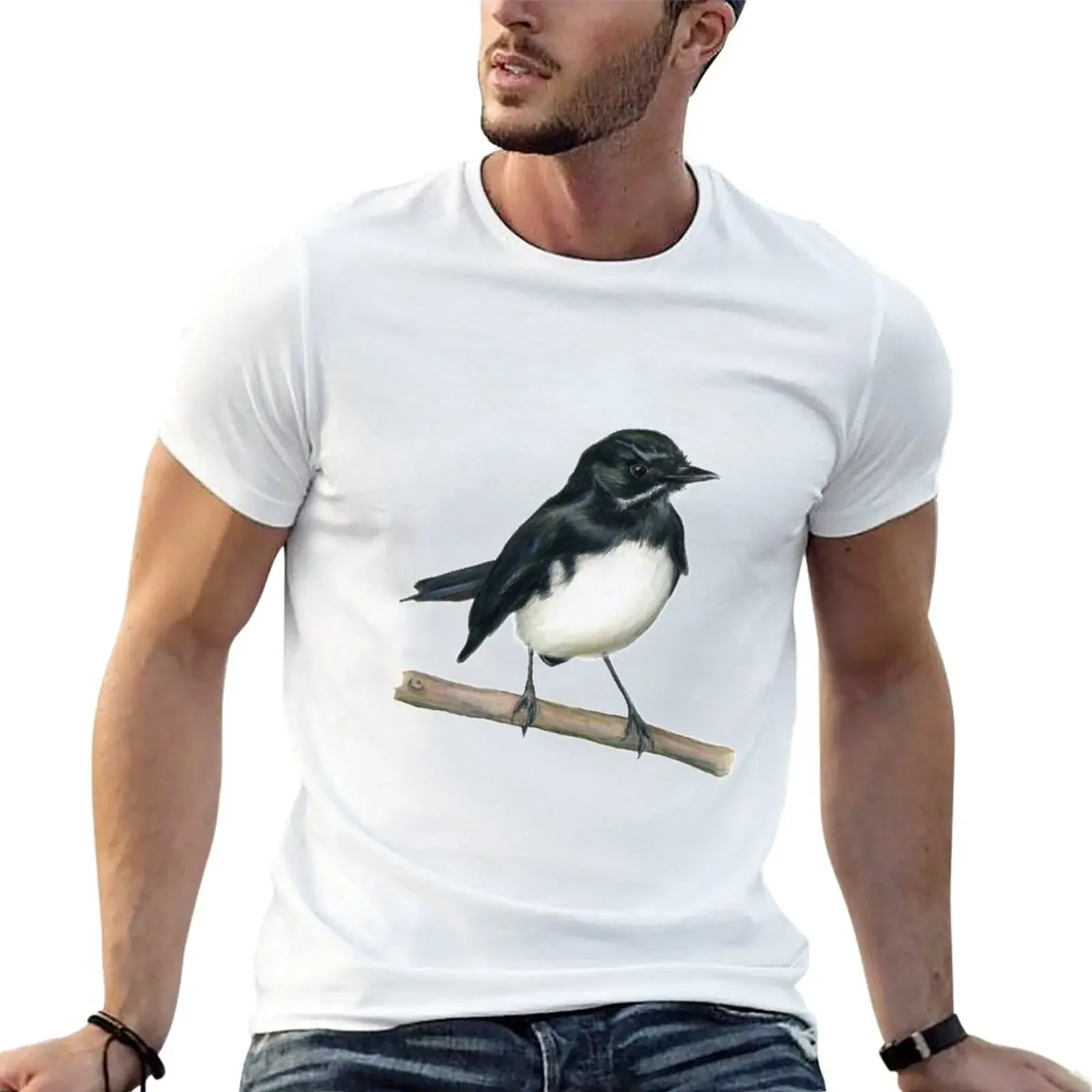 Willie Wagtail Bird Art Drawing T-Shirt plus size tops summer top oversized animal prinfor boys Men's t shirts