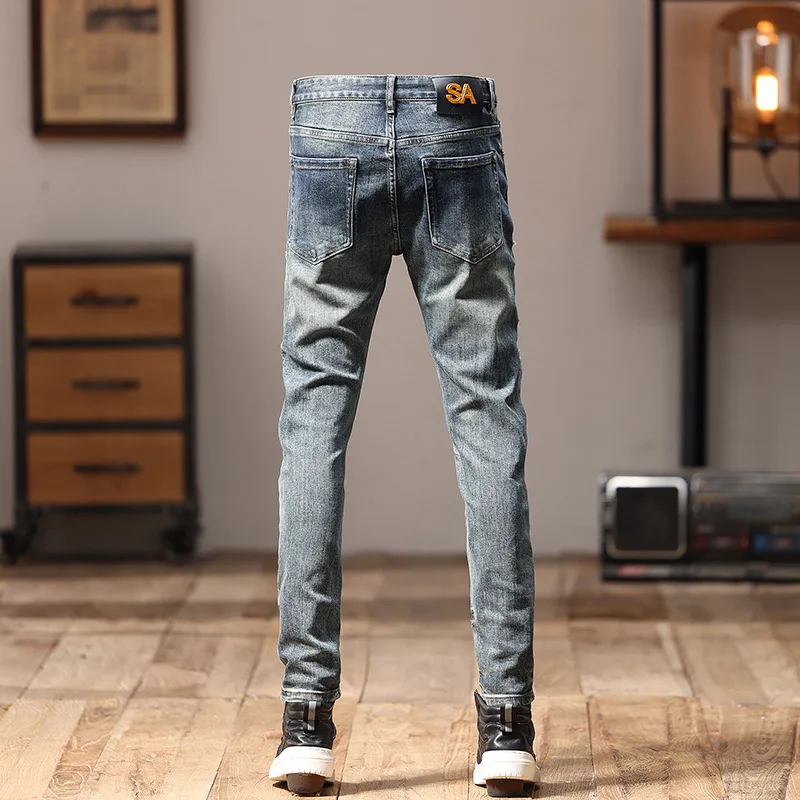 Jeans Men's Stitching Patchwork Fashion and Handsome Street Slim Fit Light Straight-Leg Embroidery Personality Motorcycle Pants