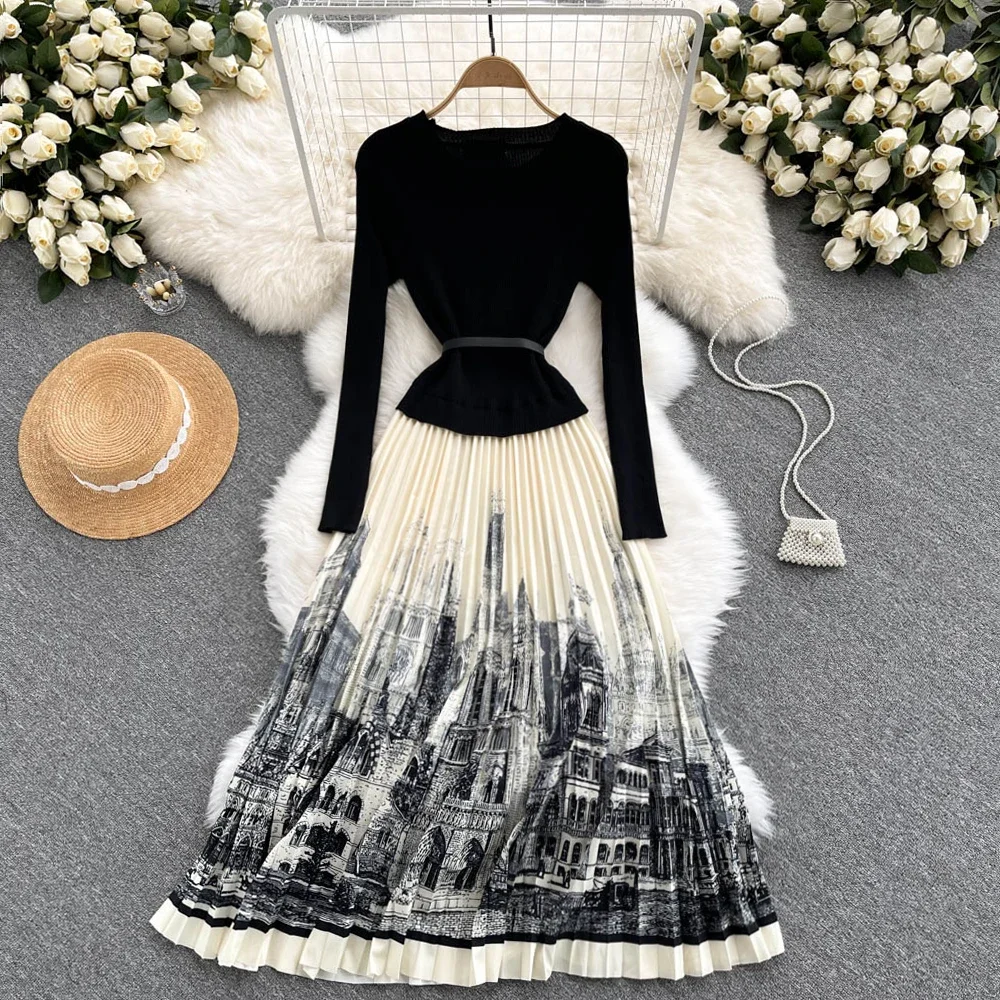 Casual O-neck Basics Long Sleeve Chic Ink Painting Print Knit Spliced Pleated Dress French Evening Women Fashion Autumn Clothing