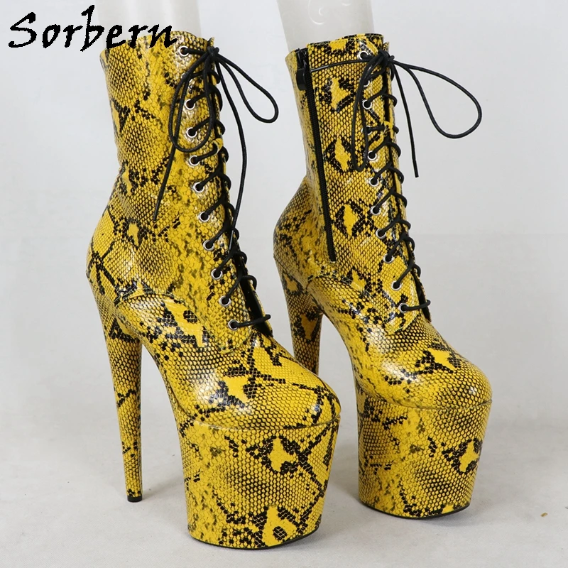 Sorbern Drag Queen Python Women Boots Ankle High For Exotic Pole Dancer Platform Shoes Lace Up Side Zipper 8 Inch Heels