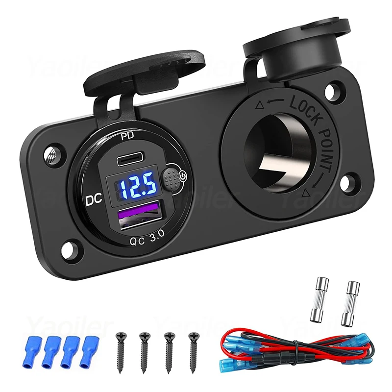 

12V Cigarette Lighter Socket Outlet Splitter PD 45W & QC3.0 18W Car USB Charger Panel with Switch Voltmeter for Marine Boat RV