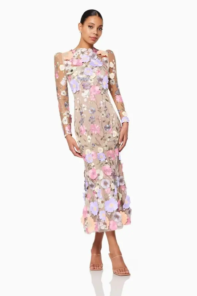 High End Elegant Australian Fashion Long Sleeved Colorful 3D Flower Women Dress High Waist Embroidery Party Dress 2024 Summer