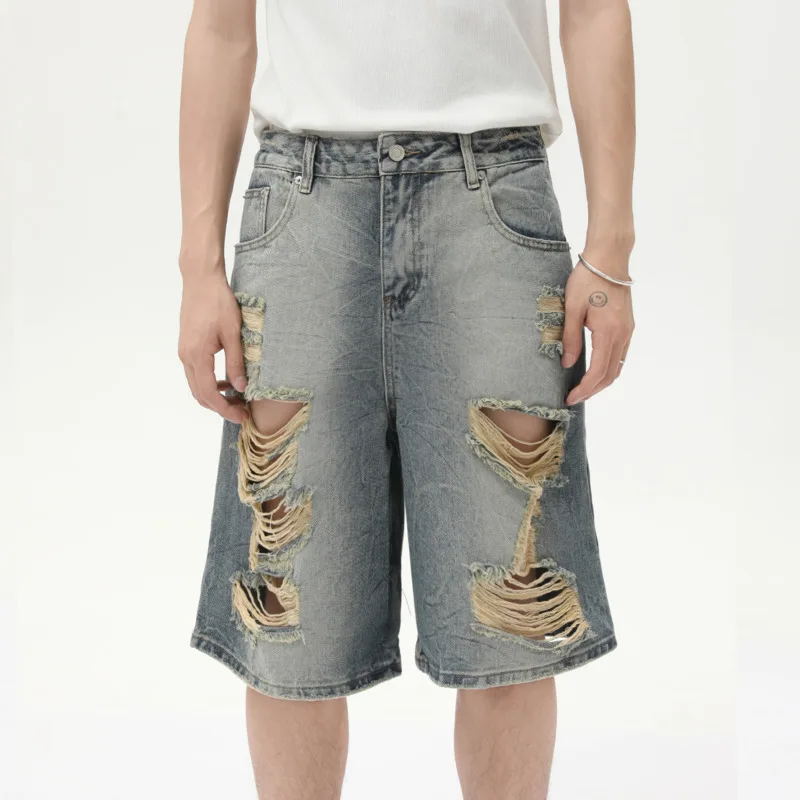 

SYUHGFA Korean Style Men's Jeans Solid Color Holes Design Worn-out Wide Leg Peronalized Straight Male Denim Shorts 2025 Summer