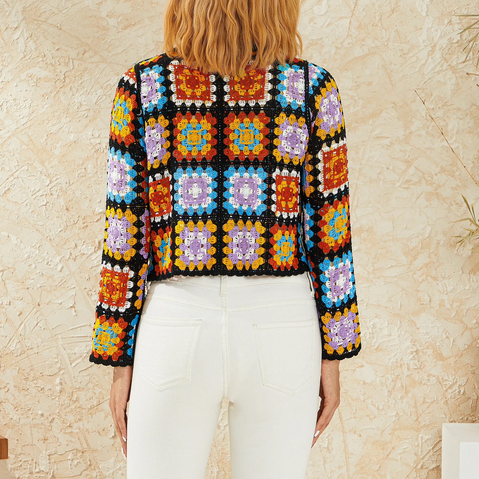 Women's Bohemian Knitted Cardigan Elegant Vintage Colorful Square Patchwork Long Sleeve V Neck Button Cutout Sweater