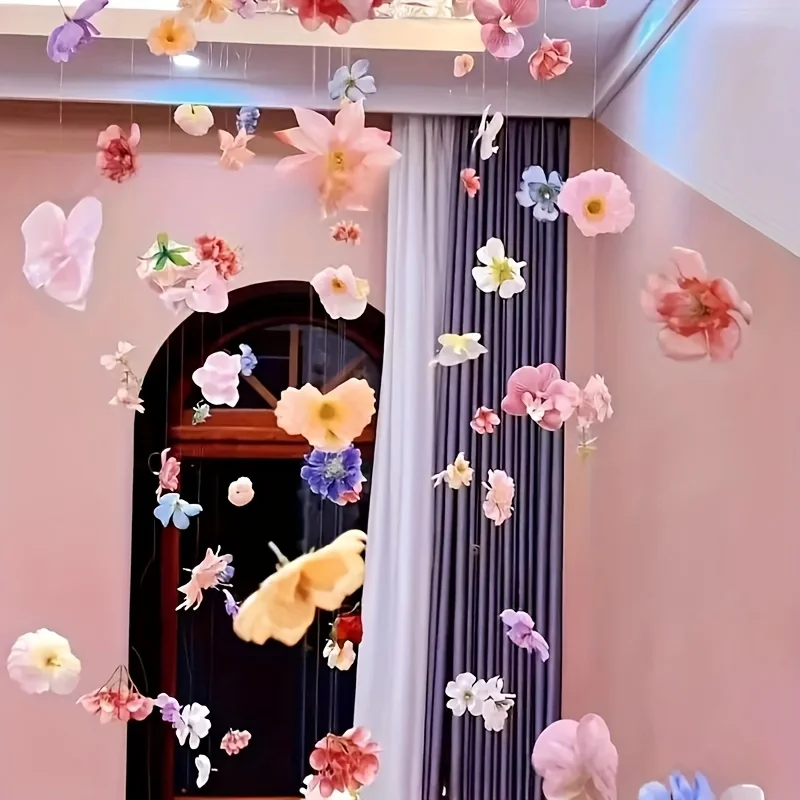 مجموعة مكونة من 60 قطعة من الزهور المزخرفة العائمة، وإكليل الزهور الاصطناعية على الطراز البوهيمي، تتضمن 393. خطوط صيد السمك مقاس 7 بوصات، قلادات DIY، زخارف زهور معلقة مشرقة، بتلات عائمة بألوان عشوائية، مشهد شلال المطر، مثالي لزينة الربيع والكريسماس