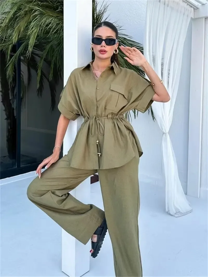 2 Piece Sets Loungewear Women Outfit Turn Down Neck Short Sleeve Up Button Down Tops Blouses Shirts Pants Sets Casual Tracksuit