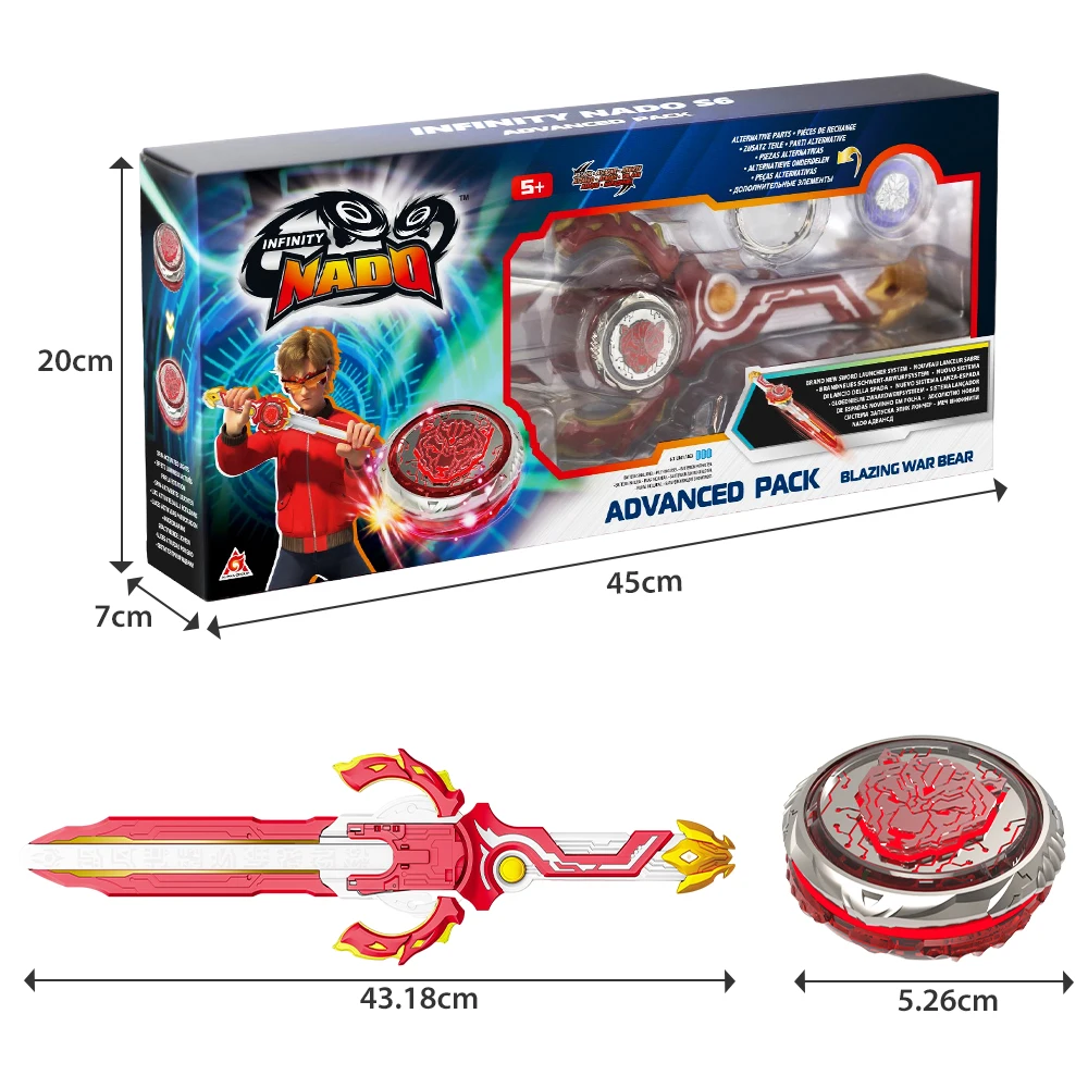 Infinity Nado 6 Advanced Pack-Blazing War Bear Metal Ring & Tip Spinning Top Gyro with Monster Icon Sword Launcher Anime Kid Toy