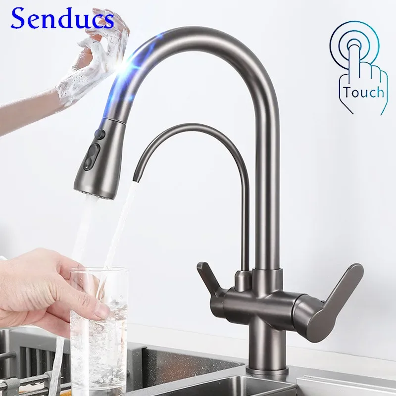 

Grey Touch Filter Kitchen Mixer Faucets with Pull Down Hot Cold Kitchen Mixer Tap Brass Sensor Touch Pull Out Kitchen Faucet