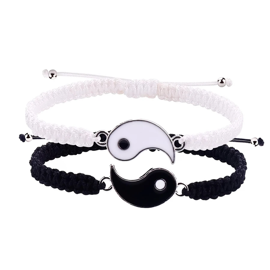 1 Juego de 2 Pulseras Telescópicas Ajustables de Cuerda Trenzada con Diseño de Yin y Yang en Blanco y Negro para Parejas, Hombres y Mujeres