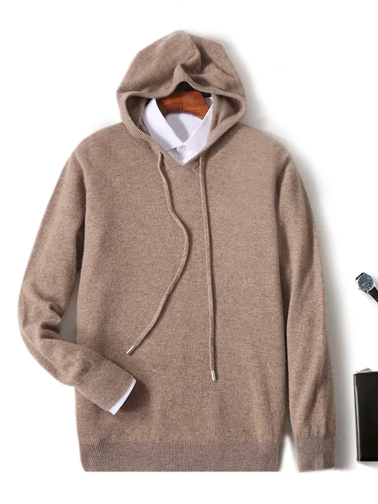 100% Merino Wool Men's Hoodie Autumn Winter Casual Fashion Soft Hooded Knitted Wool Sweater