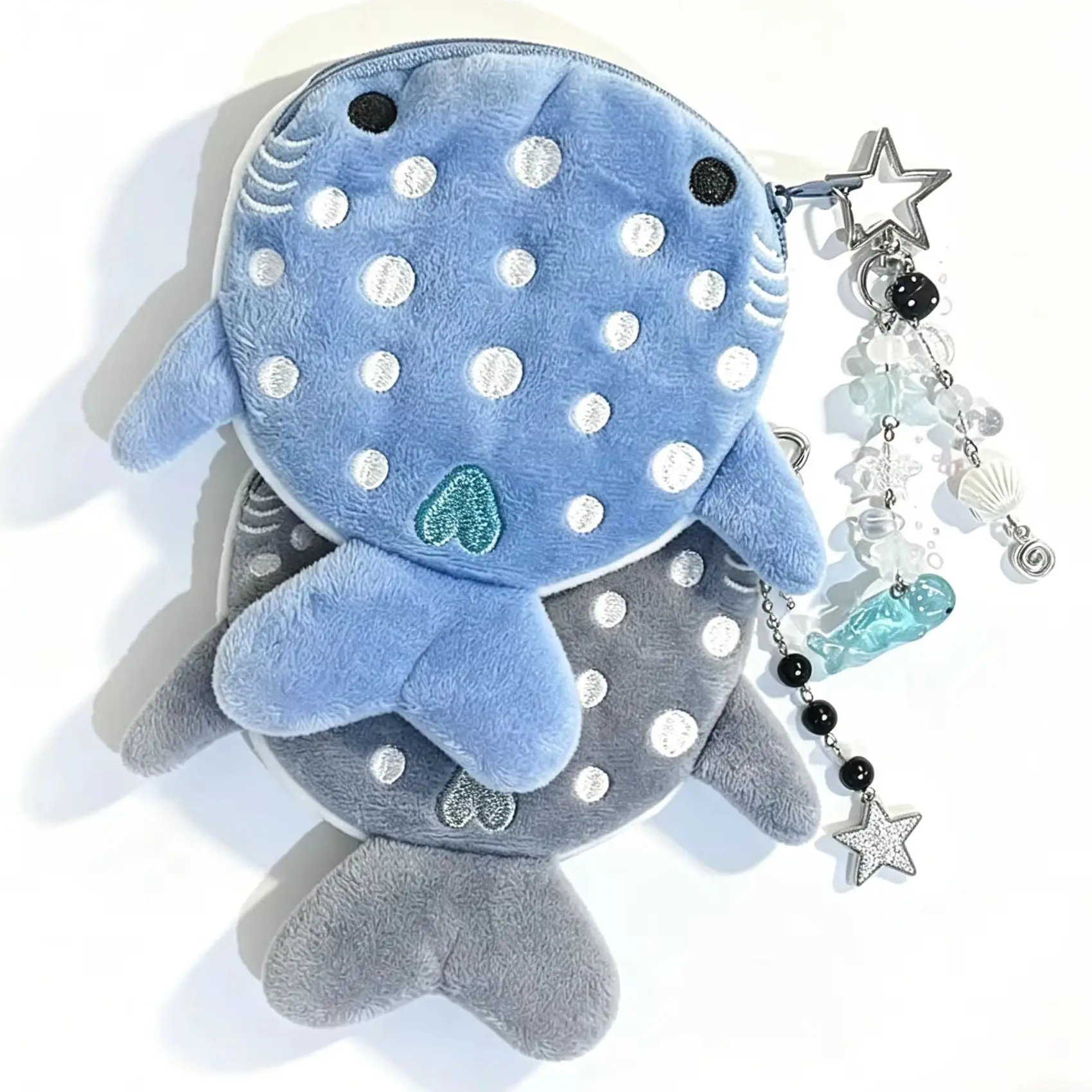Monedero de moda gris y azul con diseño de tiburón y mini ballenas, con cuentas y llavero