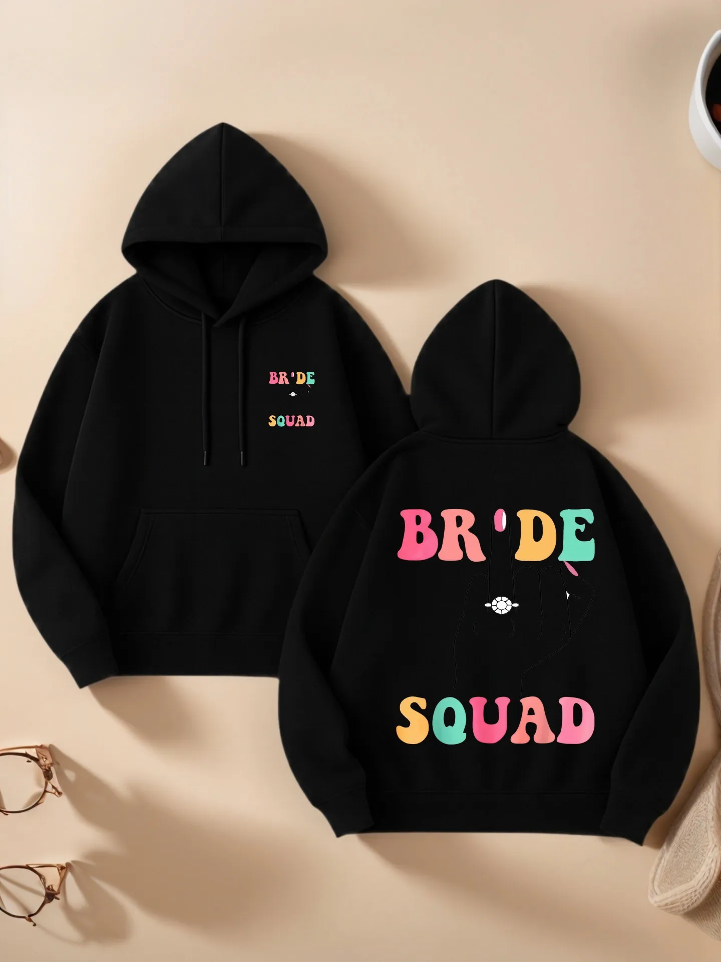 

Women’s Graphic Hoodie, Bride Squad Print, Casual Aesthetic Design, Soft Fabric, Casual Everyday Wear, For Young Women