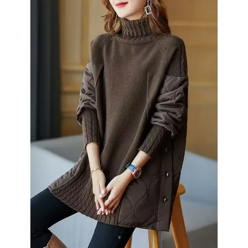 Fashion Turtleneck Spliced Button Solid Color Sweaters Women\'s Clothing Loose Casual Pullovers Commuter Warm Tops ERFRE