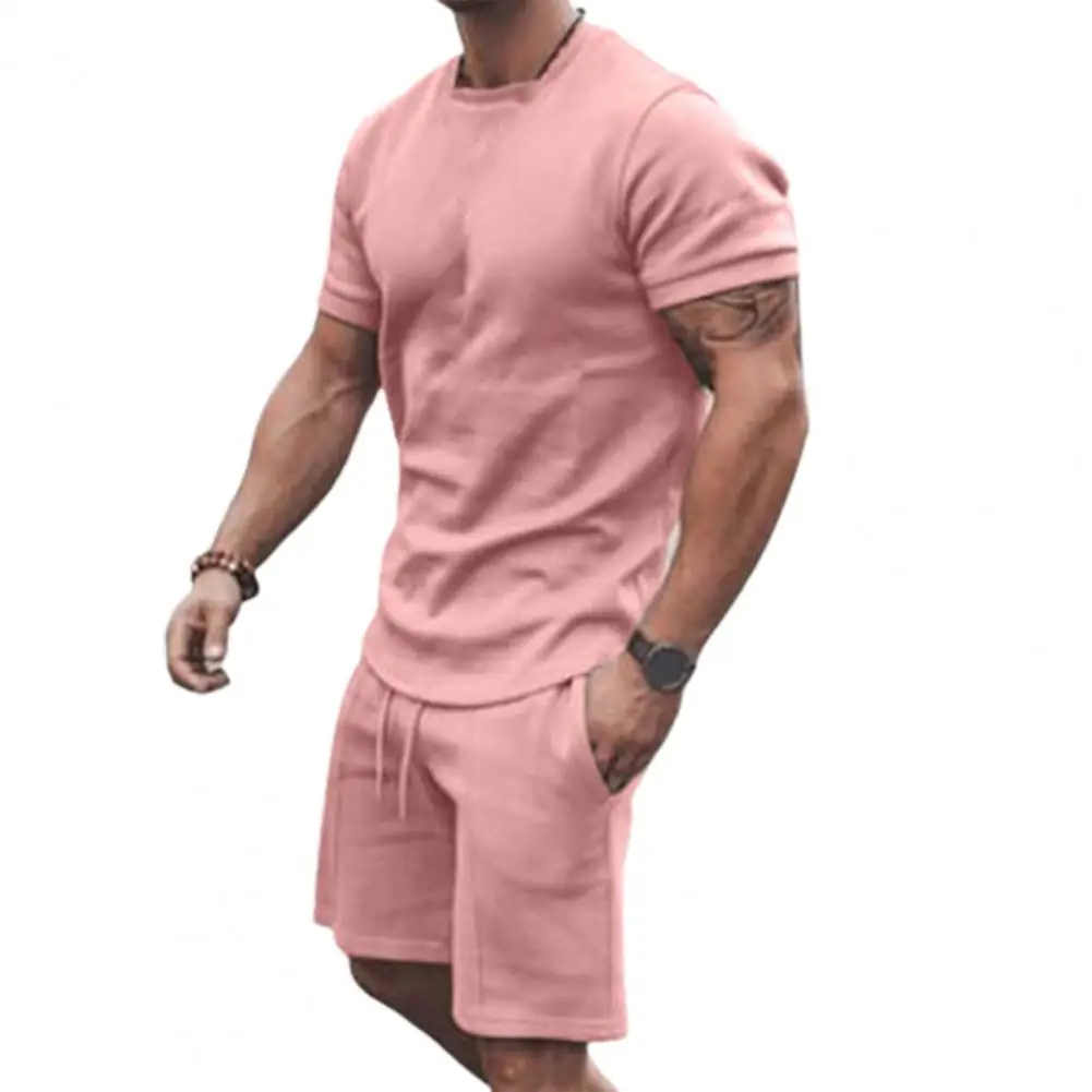 Men T-shirt Shorts Set Simple Pockets Two-piece Knee Length Pants Summer Tracksuit Summer T-shirt Shorts Set Young Style