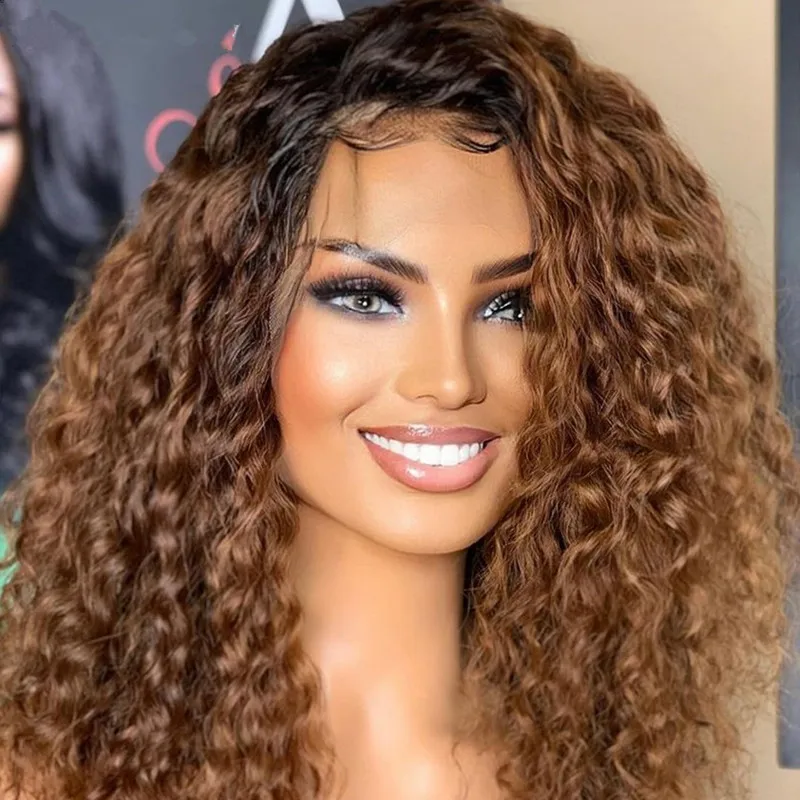 Ombre Braun Blond 180Density Kinky Curly 26 Zoll lange tiefe Lace Front Perücke für schwarze Frauen Babyhaar vorgezupft leimlos täglich