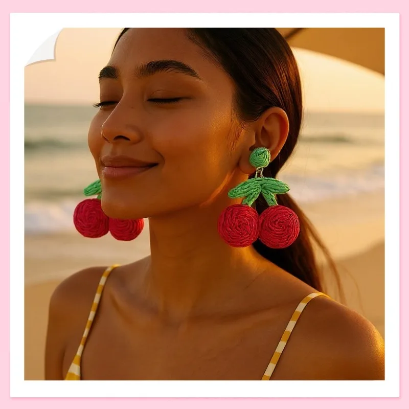 Pendientes de Cereza Roja Tejidos a Mano con Rafia de la Serie Frutas Creativas, Pendientes para Ambiente Festivo y Fotográfico