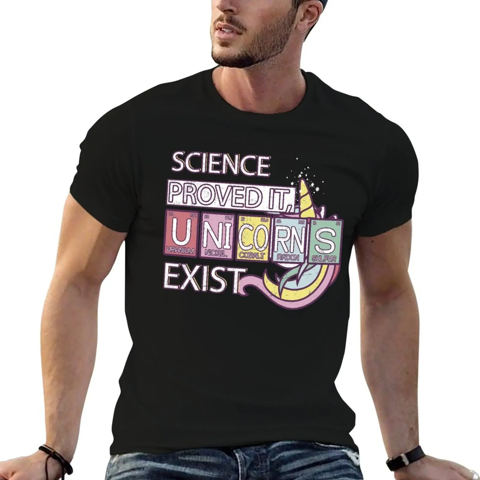 T-shirt décontracté résistant à l'eau avec la phrase « La table périodique scientifique a prouvé l'existence des licornes »