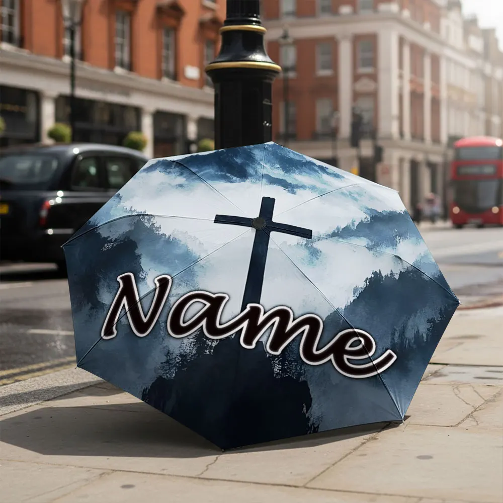 Custom Name Umbrella Mountain Mist Cross Watercolor Landscape Print Folding Umbrella Compact Portable Travel Parasol For Faith