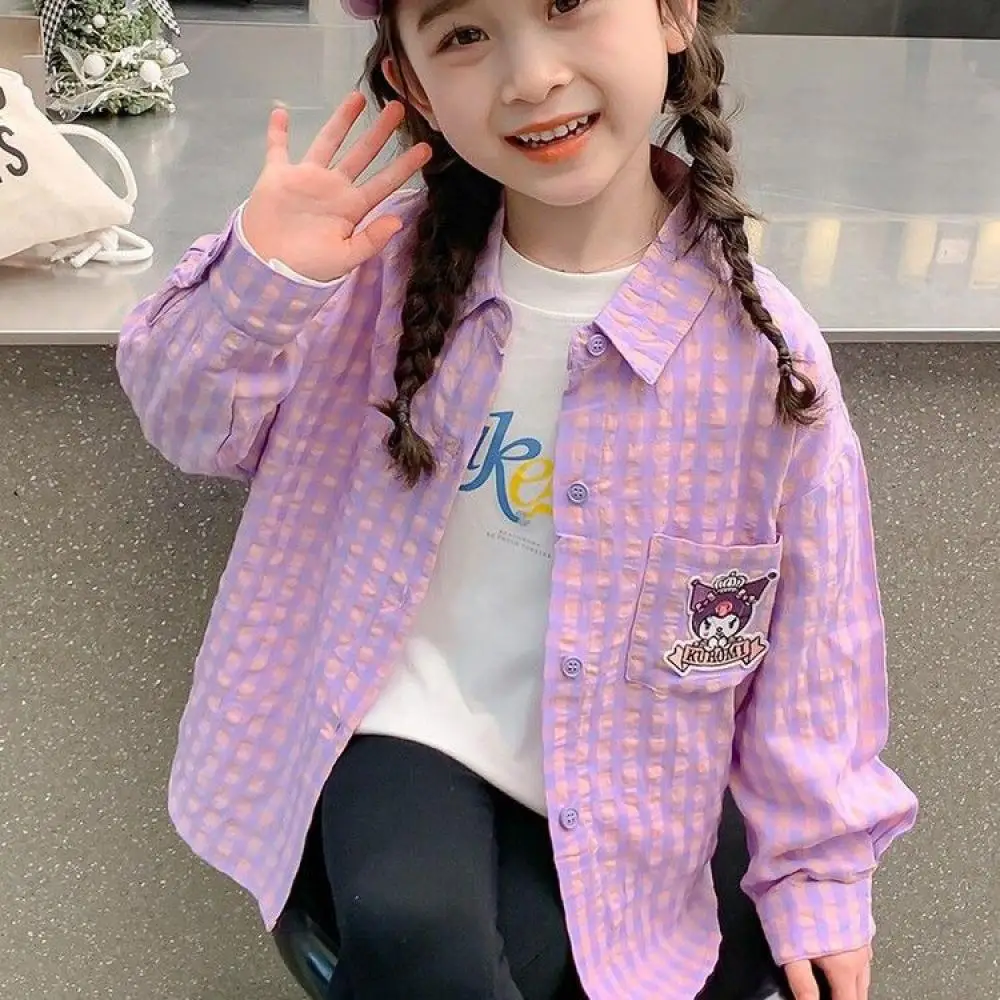 

Sanrio Anime Children's Grid Shirt Cartoon Kuromi 2025 Girl's New Style Long Sleeves Fashion Wearing Outside Spring Autumn Tops