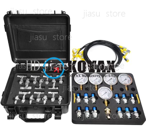 Hydraulic Pressure Test Kit – 5 Pressure Gauges, 13 Test Accessories, 14 Tee Connectors, 5 Test Hoses (Excavator-Specific)