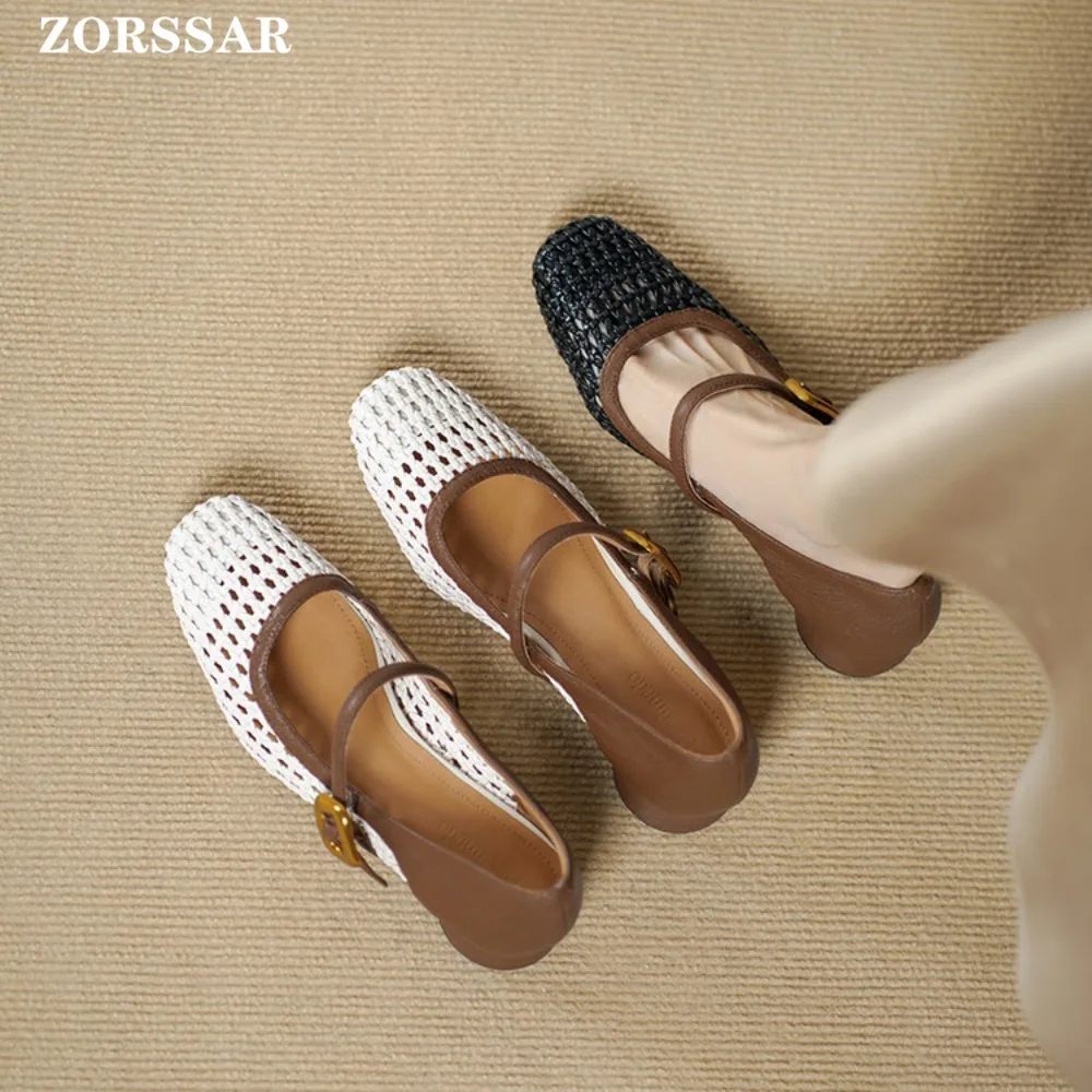 

2025 Ballet Flat Shoes Woman Mesh Hollow Outs Mary Jane Flats Black Loafers Summer Walking Footwear Size 40