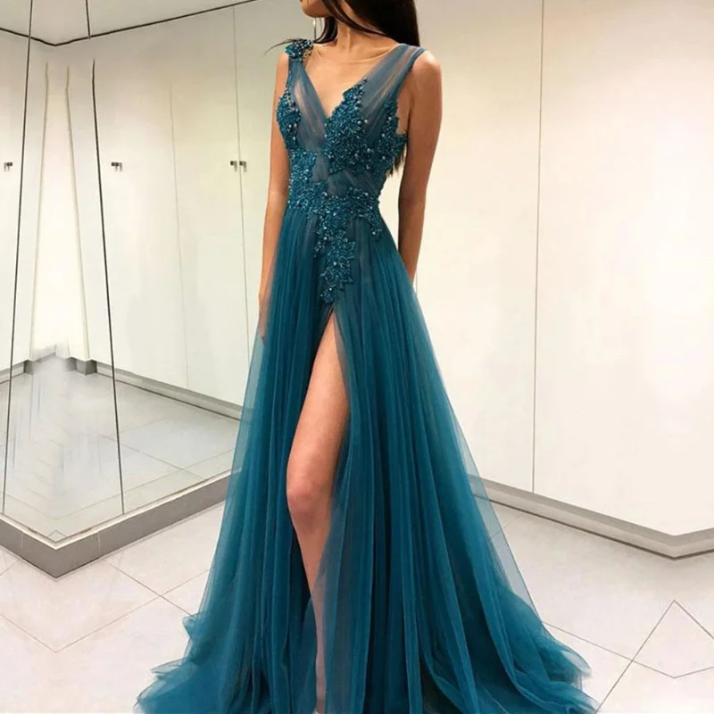 

Evening Dresses 2023 Luxury Gowns Lace High Slit Evening Dress Applique Beaded Prom Dress Formal Ladies Party vestidos de gala